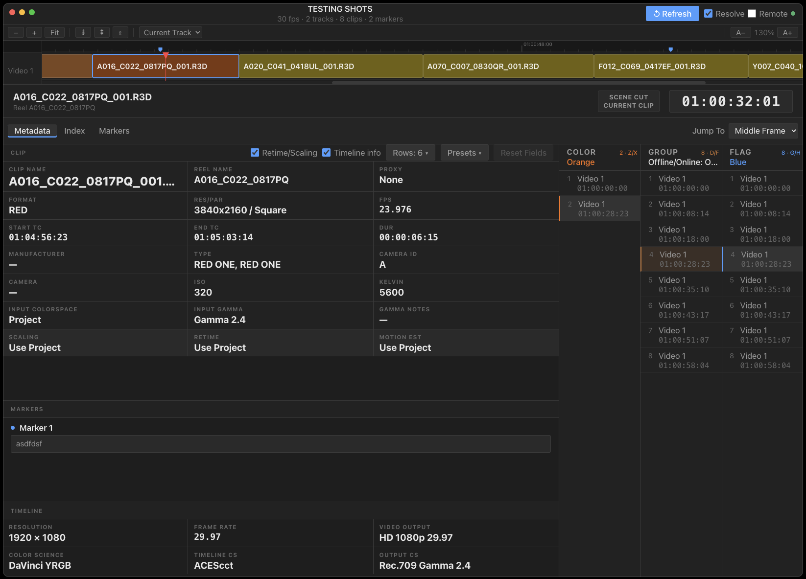 Colossus interface showing timeline, clip metadata, and navigation panels