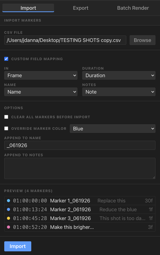 Import Markers panel with CSV field mapping and import options