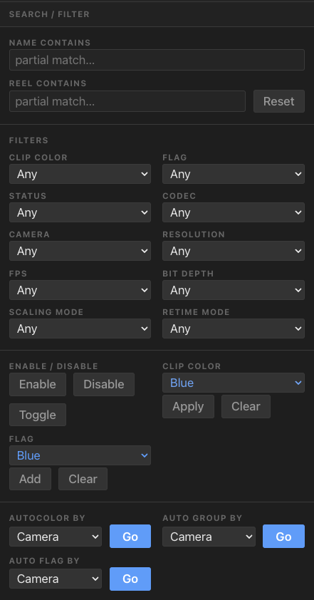 Colossus search, filter, and auto color/group controls