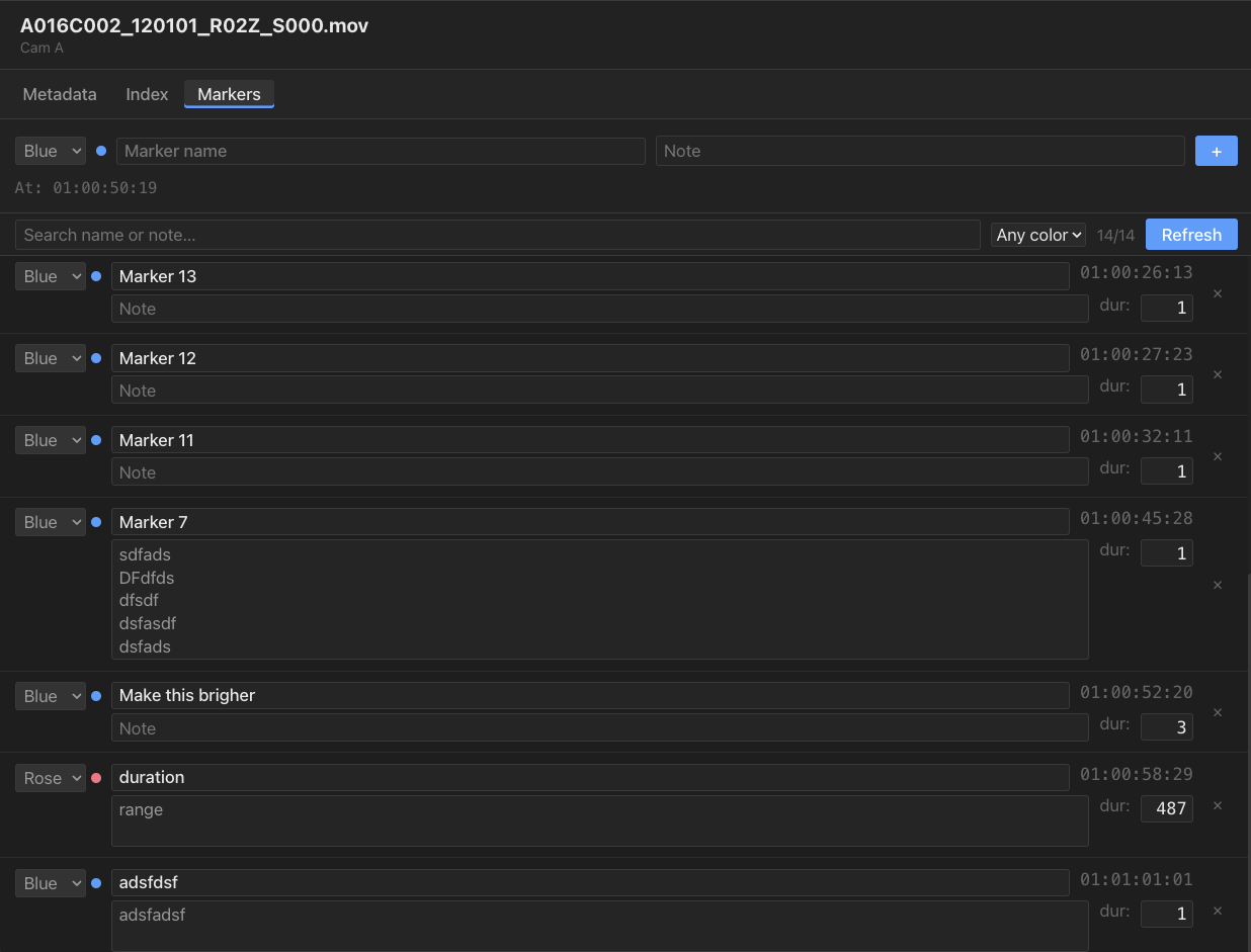 Colossus markers panel showing full note text
