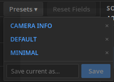 Presets menu for saving, switching, and deleting metadata field layouts