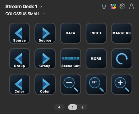Stream Deck layout showing Colossus navigation, index, and zoom actions