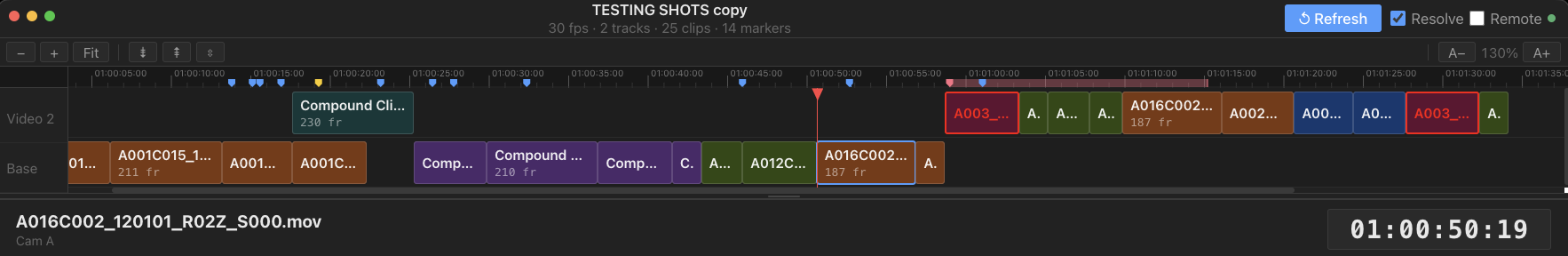 Colossus timeline view synced live with DaVinci Resolve