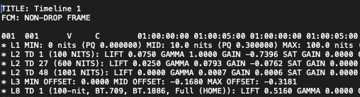 Exported CMX3600 EDL with Dolby Vision metadata in clip comments