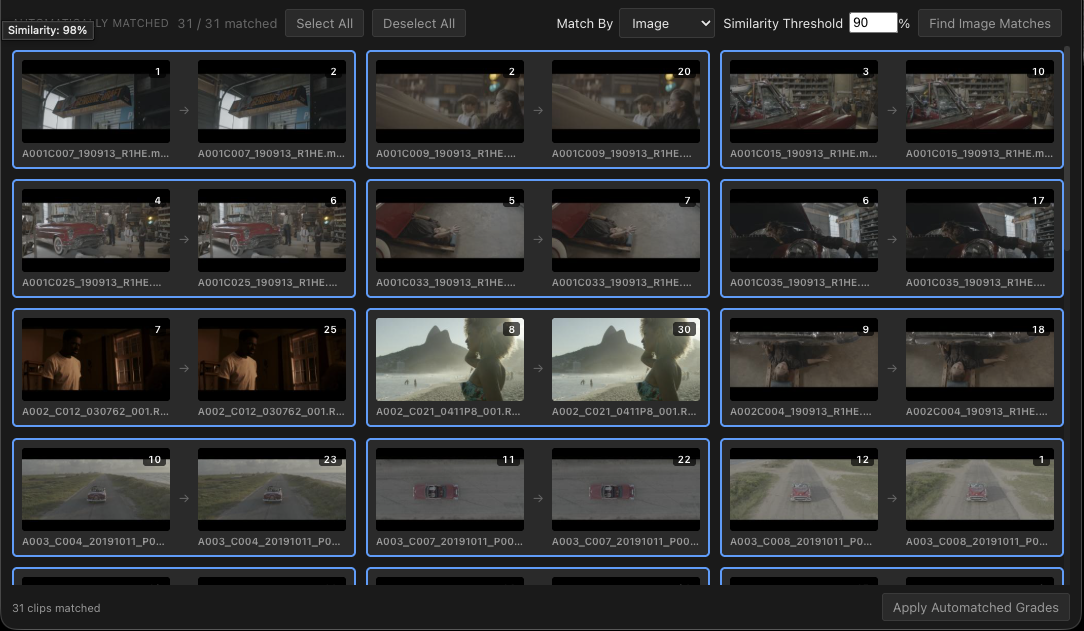 Automatically matched clips ranked by image similarity between source and destination