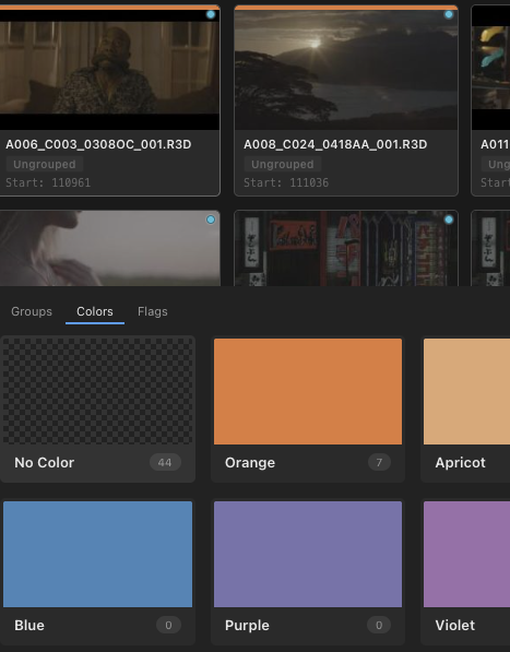 Colors bar showing every color swatch available for organizing clips