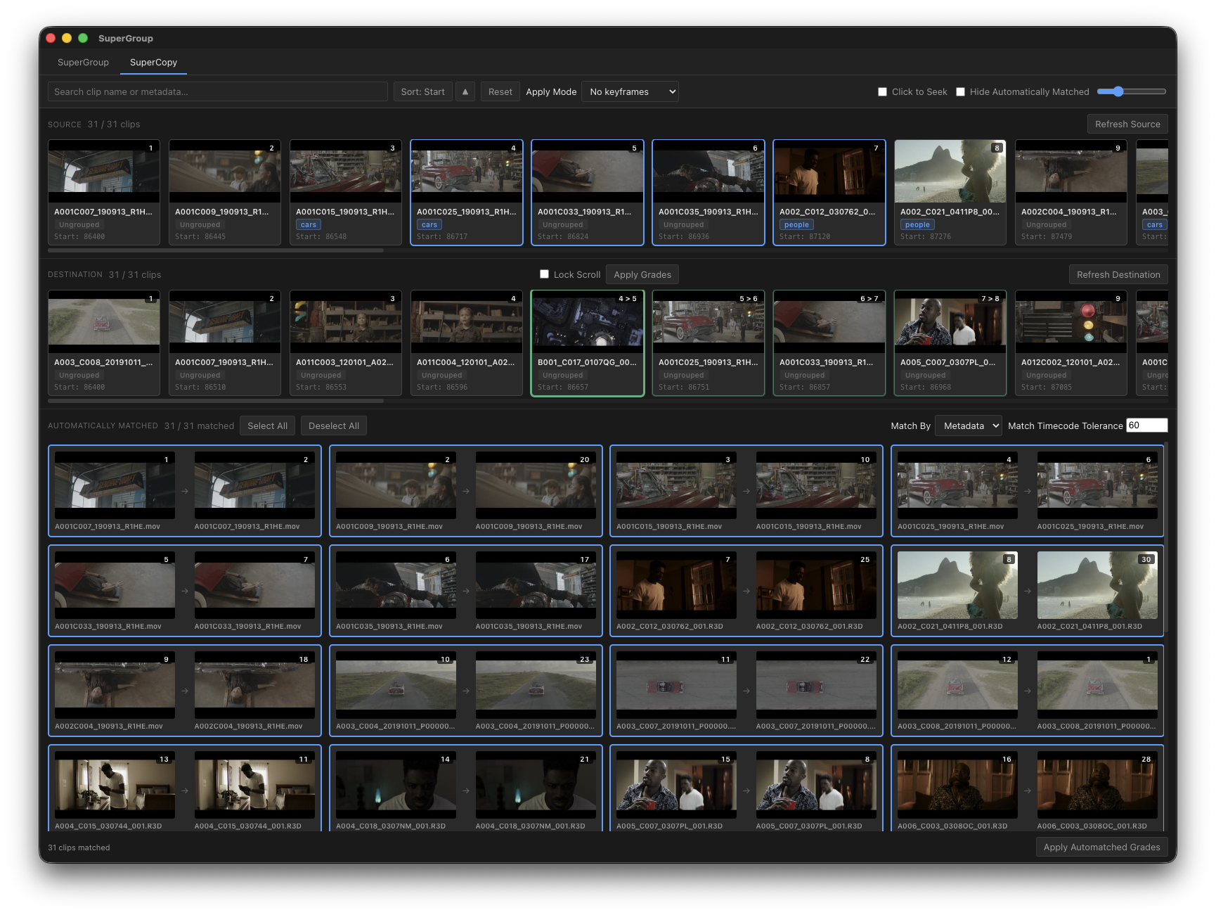 SuperCopy tab showing linked source and destination thumbnail strips with automatically matched clips