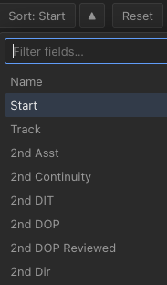 Sort field picker with a searchable list of every metadata field in the project