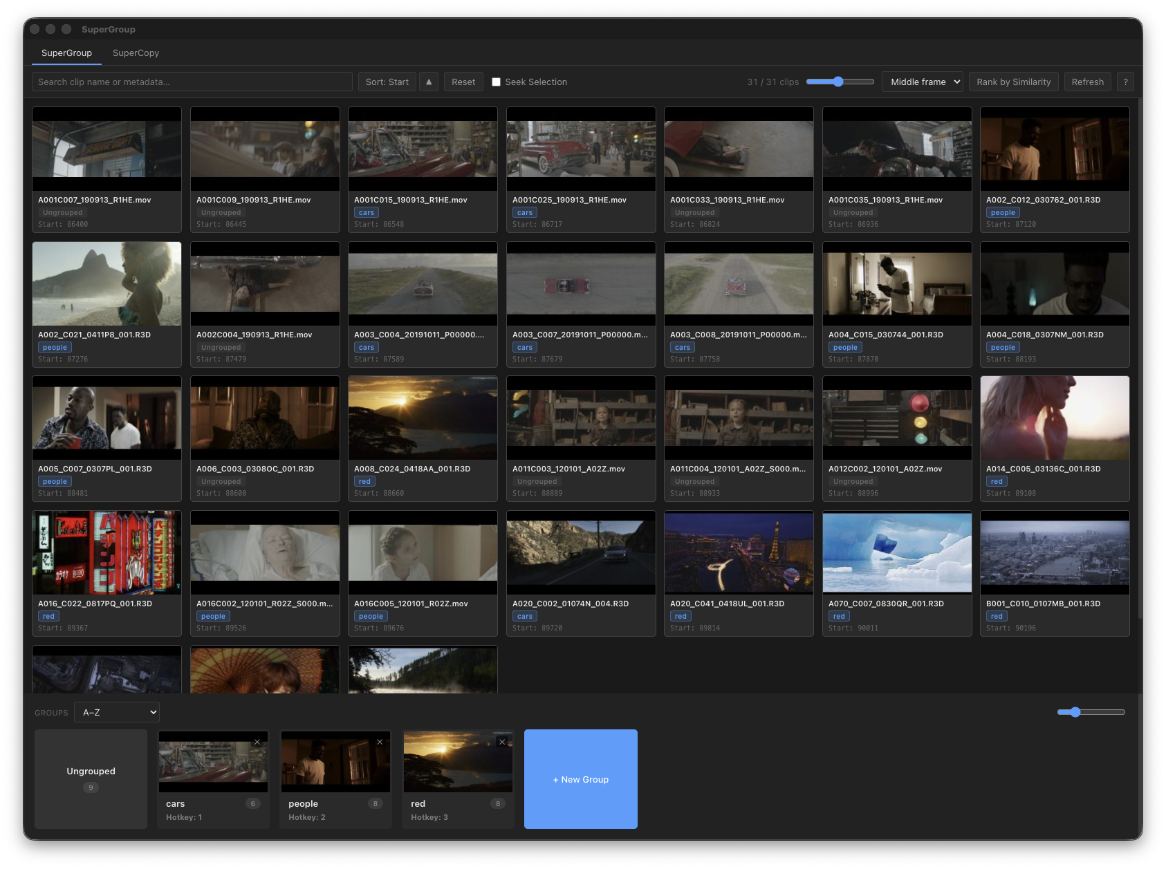 SuperGroup tab showing every clip in the timeline as a searchable, sortable thumbnail grid