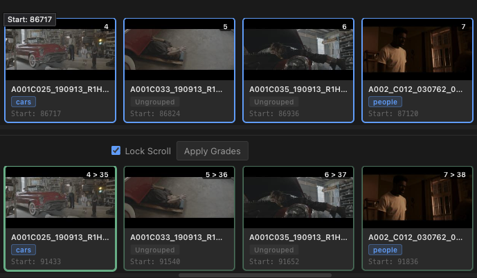 Source and destination filmstrips manually linked at a chosen position