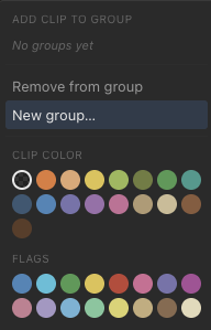Right-click menu for setting a clip's color and flag directly