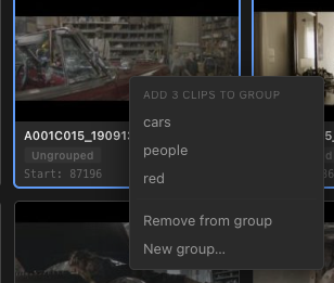 Right-click menu for adding selected clips to a group